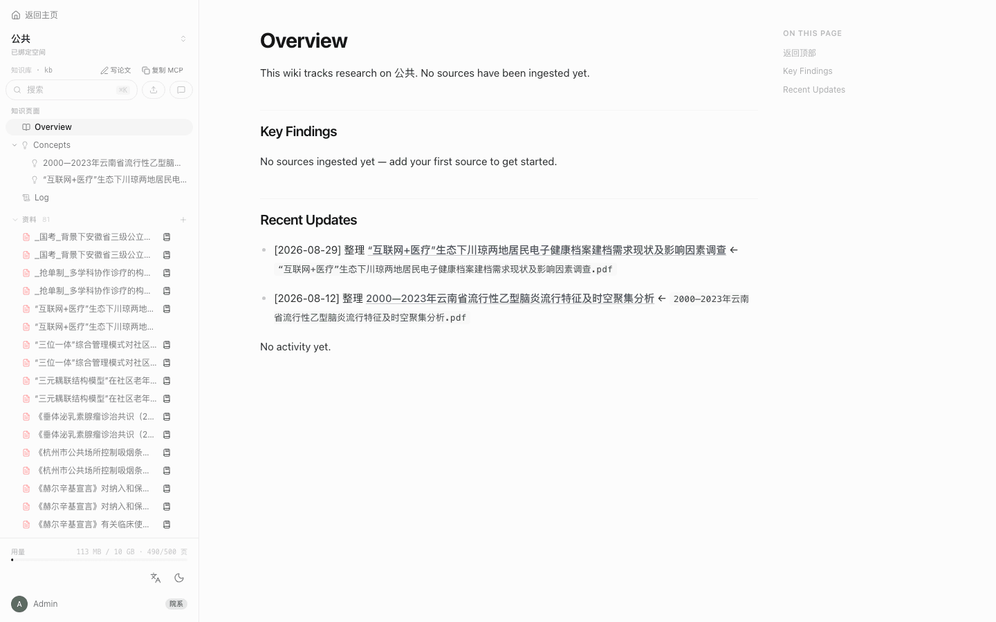 A knowledge space with files on the left and pages in the middle